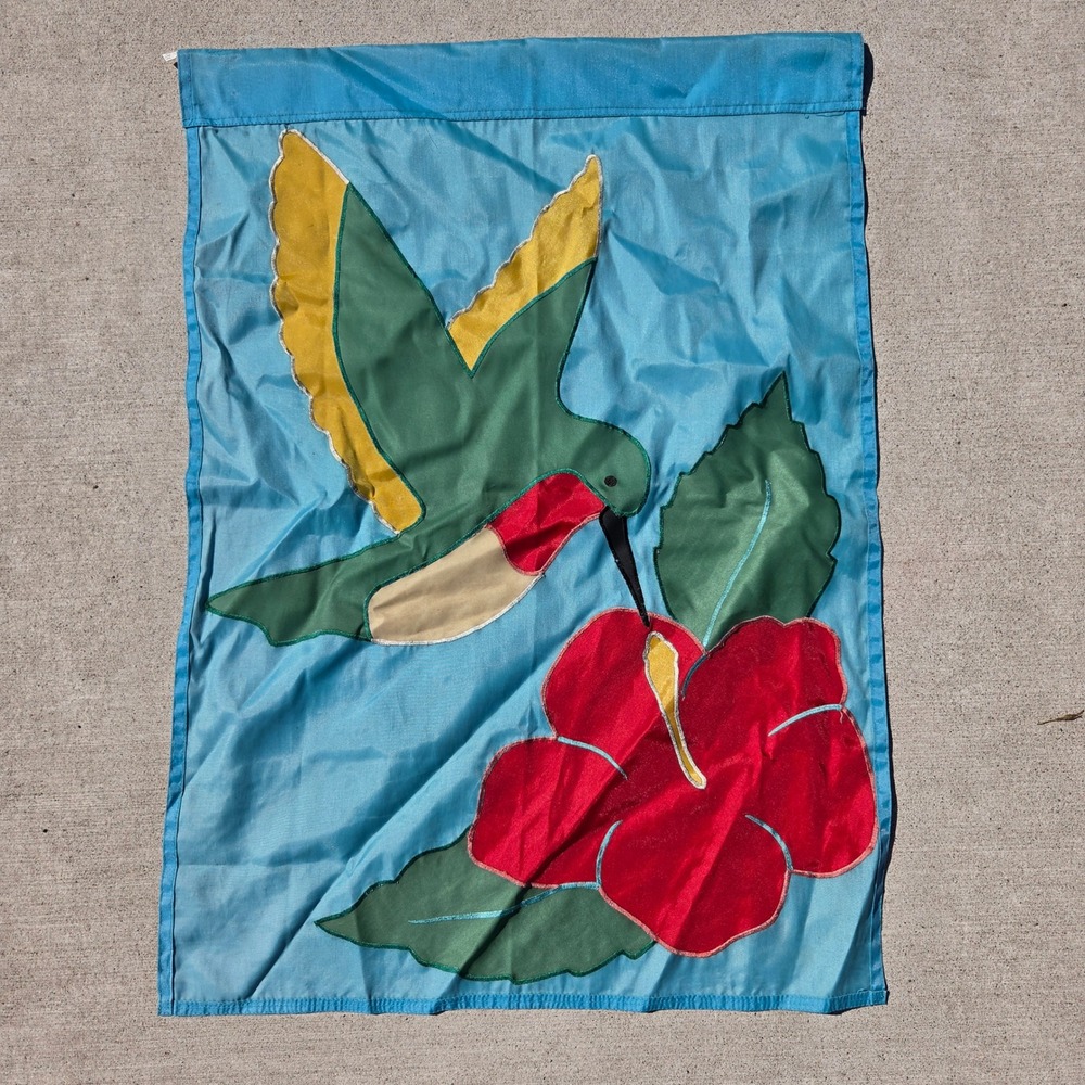 Hummingbird and Hibiscus Garden Flag 38x28 Blue Floral Outdoor Decor